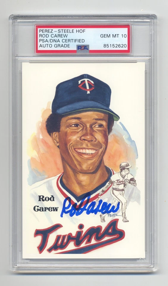 ROD CAREW  GEM MINT 10 PSA/DNA AUTOGRAPHED PEREZ STEELE POST CARD- new signature - Image 1 of 1