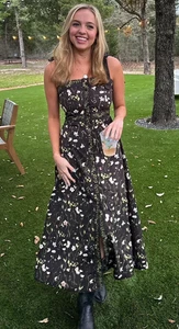 H&M Long Floral Tie Strap Cotton Fitted Flared Dress Black Green Size S New - Picture 1 of 21