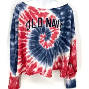Old Navy Red Blue Spiral Tie Dye Logo Fleece Cropped Sweatshirt L - Picture 1 of 8