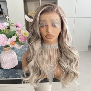 Ash Blonde with Brown Wig Highlight 13x4 Lace Front Wigs Loose Body Wave Synt... - Bild 1 von 6