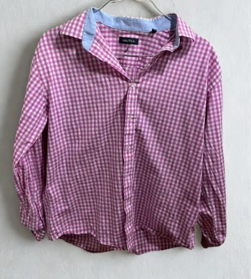 Nautica Shirt Mens Large Pink White Button Down Long Sleeve Preppy Plaid Cotton - Image 1 of 4