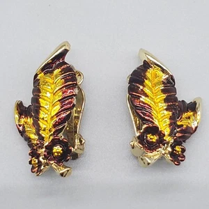 Blumen Ohrclips zweifarbig Lack gelb braun Blatt goldfarben Kletterer - Bild 1 von 8