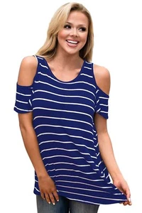Blue White Stripe Cold Shoulder Top - Picture 1 of 2