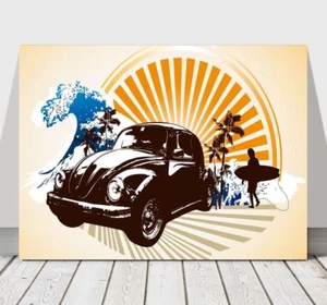 RETRO VW VOLKSWAGEN BEETLE SURFING CANVAS ART PRINT POSTER - 12x8" - Picture 1 of 1