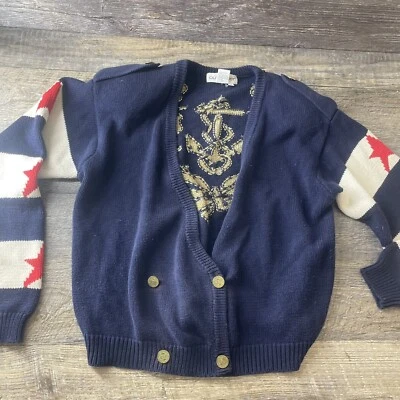 Vintage Outlander Sweater Medium Blue Gold Naval Design Stars & Stripes V Neck - Image 1 of 4