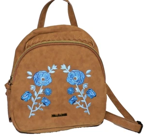 Wallflower Backpack Purse Brown Faux Suede w/Blue Embrodiered Flowers 2 Pocket - Picture 1 of 14
