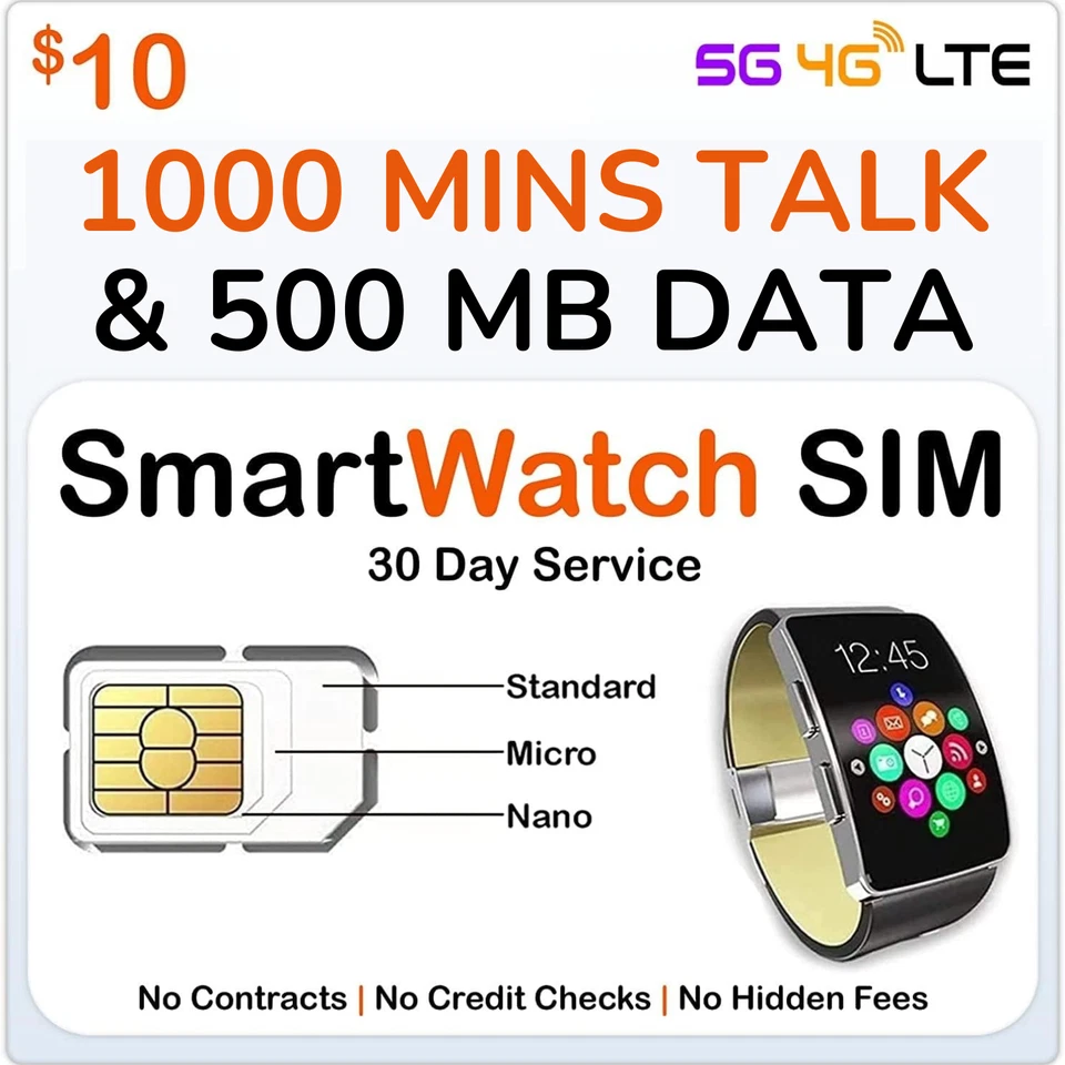 Smart Watch SIM Card for 4g LTE GSM Smartwatches - Roaming Available
