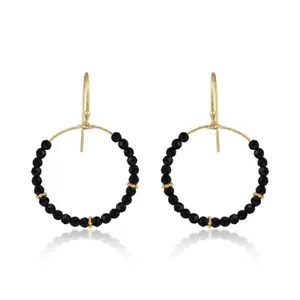 Black Onyx Beaded Circle Drop Hoop Earrings Gold Wire Sterling Silver Jewelry - Picture 1 of 6
