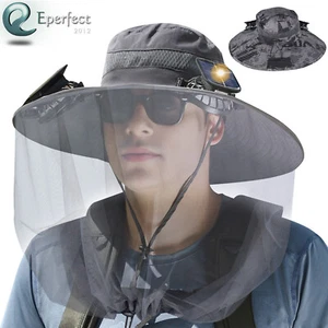 Unisex Wide Brim Solar Fan Hat with Anti-Mosquito Insect Head Net Fishing Hiking - Picture 1 of 11