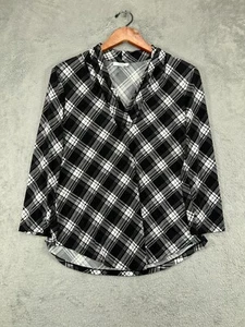 Charter Club Top Shirt Womens XS Black Plaid Blouse Stretch V Neck 3/4 Sleeve - Picture 1 of 7