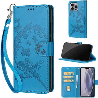 For Various Phone Leather Wallet Case Flip Stand Butterfly Cover Hot Women Girl - Image 1 of 4