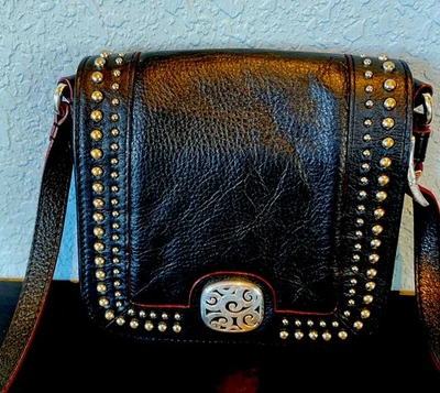 Brighton Leather Crossbody Bag Black Silver Studded 3 Sections Purse Western - Image 1 of 4