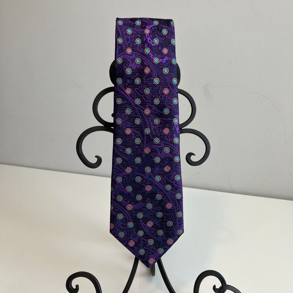 Holland & Sherry 男式丝绸领带紫色粉红色蓝绿色 60.5x3.75 英寸 — 第 1/3 张图片