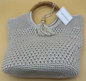 Studio Collection Women’s Bamboo Handles Cotton Crochet Macrame Handbag S 14x14 - Picture 1 of 9