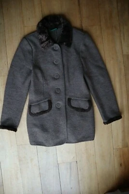 Abrigo Suéter Marrón Lana GEIGER Botón Frontal con Borde de Piel Sintética y Cuello 36 EE. UU. 6 Foto 1 de 4