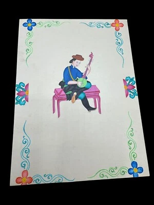 Тибетский Тибет оригинальное произведение искусства 1960-х женщина гитарист 11,5 «x 8,5» Dahlia банк - Изображение 1 из 4