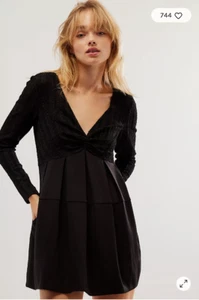 Free People Vida Mini V-Neck Long Sleeve Dress Black Sz S NWT - Picture 1 of 9