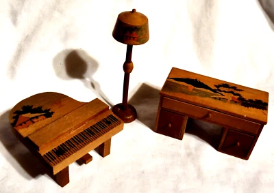 1" Piano Desk & Lamp Doll House Miniature Furniture Inlaid Wood Japan Asian MCM - Image 1 of 4