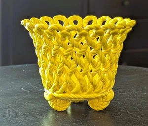 Spanish Pottery Porcelain Twisted Rope Open Weave Yellow Basket Vase - Picture 1 of 12