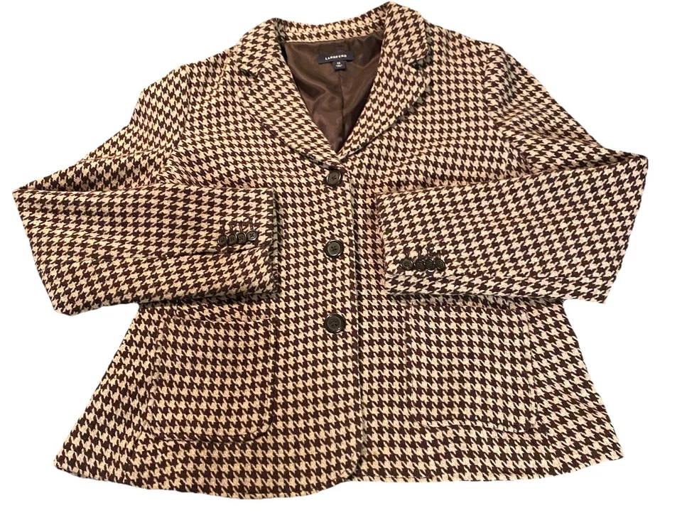 Jaqueta Blazer LANDS’ END Feminina Tamanho 14 Marrom Houndstooth 100% Lã Forrada - Imagem 1 de 4