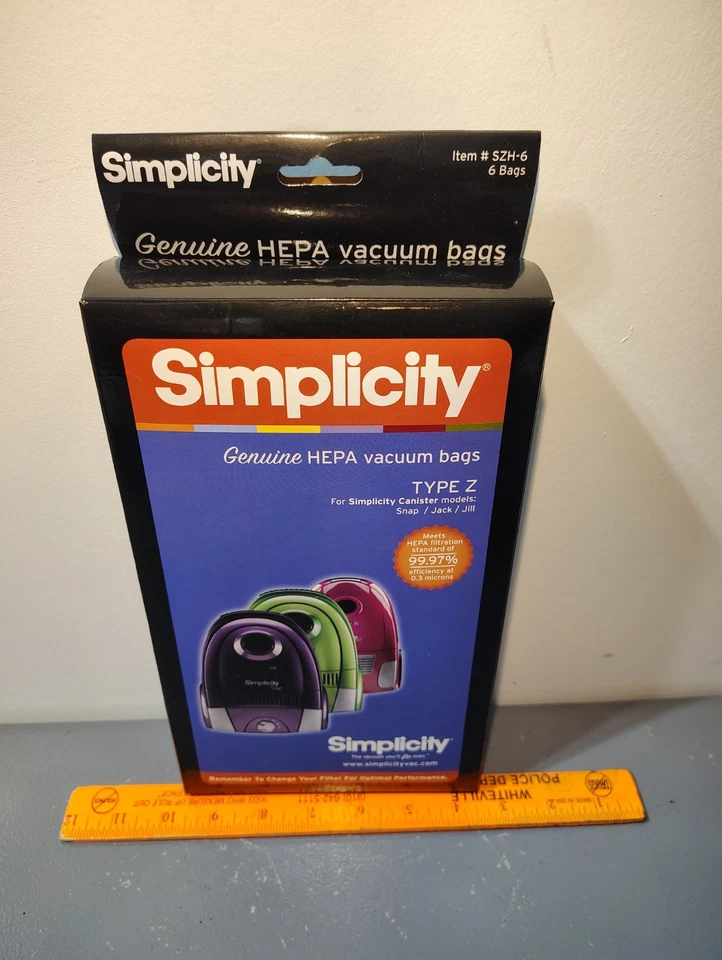 Bolsas de vacío HEPA Simplicity Genuinas Tipo Z Jill Snap Jack Bote SZH-6 6 bolsas Foto 1 de 3