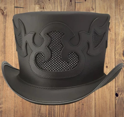 Sombrero de copa de cuero negro corona de malla gótico hecho a mano estilo victoriano steampunk Foto 1 de 3