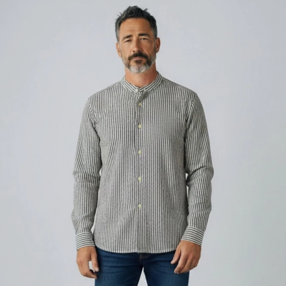 Camisa Joseph Abboud Collection cinza listrada colarinho mistura de linho feita na Itália - Imagem 1 de 4