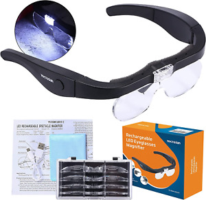 Rechargeable Magnifying Glasses, Head Magnifier Glasses with 2 LED Lights and De
