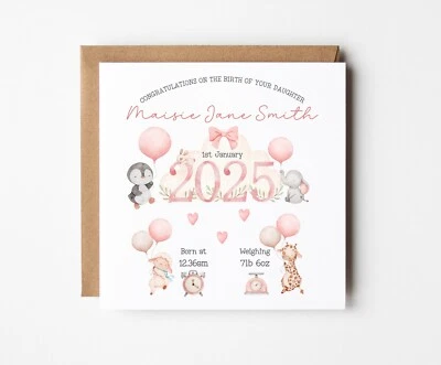 Personalised New Baby Girl Card Birth Details It's a Girl! Baby Arrival Daughter - Image 1 of 3