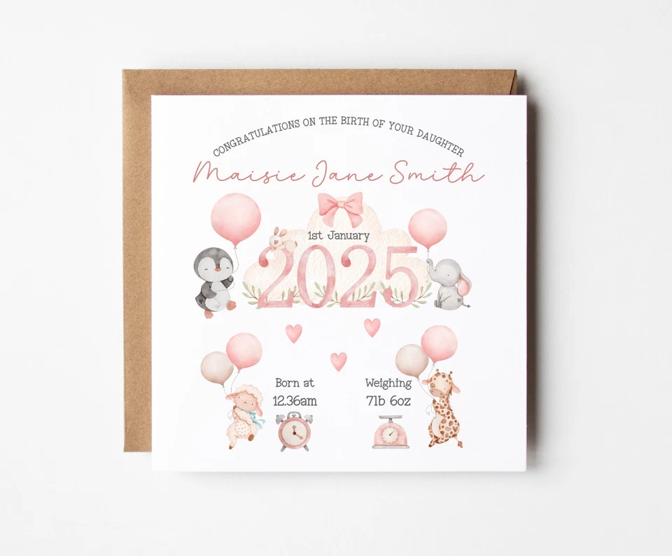 Personalised New Baby Girl Card Birth Details It's a Girl! Baby Arrival Daughter - Image 1 of 3
