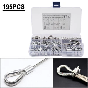 195 Stck. M2/3/4/5 Kausche und 6 Größen Aluminium Crimpschlaufe Hülse Sortiment Kit - Bild 1 von 12