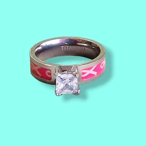 Sz 7.75 Titanium Pink Support Ribbon CZ Solitaire Ring Breast Cancer Awareness - Picture 1 of 4