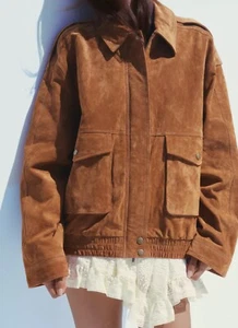 ZARA 100% SUEDE LEATHER BOMBER JACKET WITH POCKETS CAMEL SS25 XS-XL REF 4341/871 - Picture 1 of 5