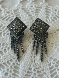 VINTAGE JUDITH JACK LARGE MARCASITE EARRINGS 925 STERLING SLVER Dangle Art Deco - Picture 1 of 3