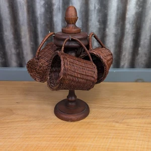 Vtg 4 Wicker Mugs & Wood Stand Rack Holder Rattan Boho Handle 3.75" Cottagecore - Picture 1 of 19