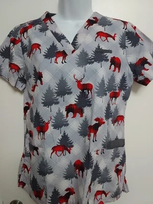 White Cross Womens Scrub Top XS Reindeer Christmas Holiday Themed - Image 1 of 4