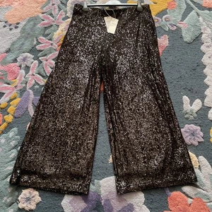BNWT M&S Black Sequin Wide Leg Short Length Size 20 Trousers (Elastic Waist) - Picture 1 of 7