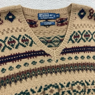 Vtg Polo Ralph Lauren Camel Hair Sweater Vest Men XL Brown Fair Isle Hand Knit - Image 1 of 4