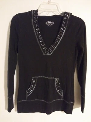 Girl's JUSTICE Black/Silver "Bling" Hooded Long Sleeve Top Size 14 - Image 1 of 4