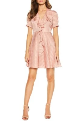 Bardot Orchid Pink Dress Striped Satin V-Neck Ruffle Frill Mini Dress SZ 6/S New - Image 1 of 3