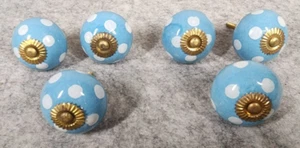 Ceramic Drawer Cabinet Knobs-Pulls-Blue/White Polka Dots-w/Gold Accents lot of6 - Picture 1 of 5