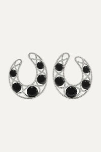 Classic "U" Shape With Shiny Black Agate & Pave Set Clear CZ Hoop Women Earrings
