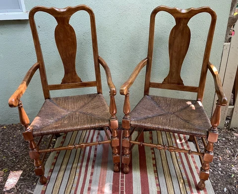 Pair of Vintage Solid Cherry Rustic Style Queen Anne Armchairs with Rush Seats Cover