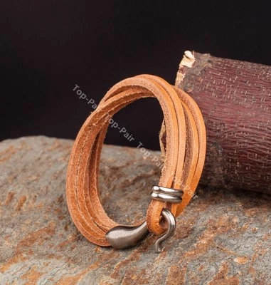  Mens Quality 2 Rounds Long Cow Leather Bracelet Wristband Cuff With Hook Clasp - Image 1 of 4