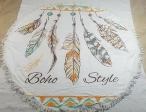 60" Round Beach Towel Beach Mat Boho Feathers Design Fringe Ends - Picture 1 of 5