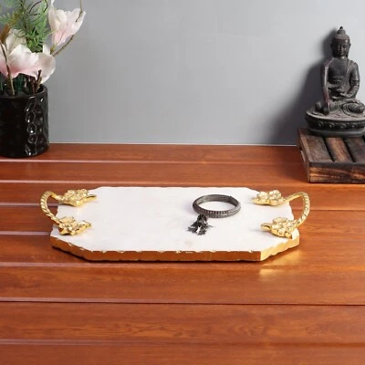 Marble Serving Tray, Vintage Tray White with Gold Finish Metal Handle Handmade  - Image 1 of 4