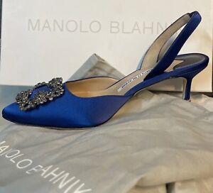 *Auth* Manolo Blahnik Hangisli Blue Satin Heels 37.5 US 7.5 New $1195. In Box
