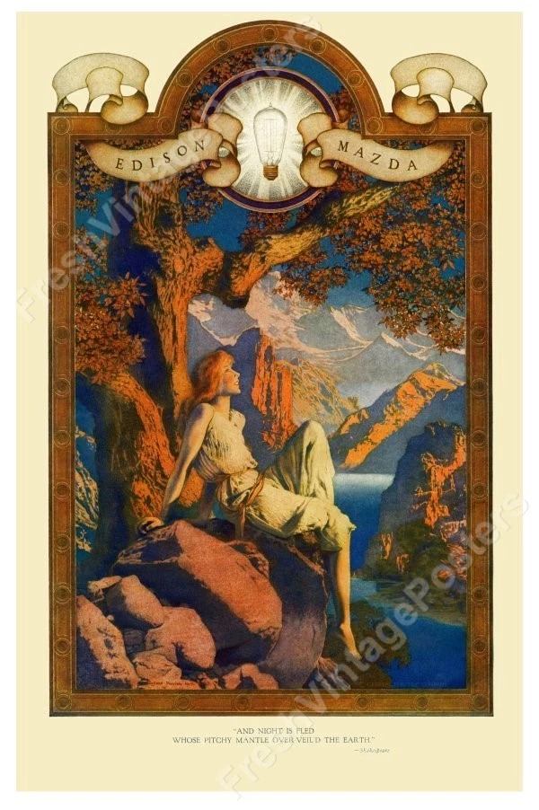 1918 Maxfield Parrish Edison Mazda DAWN And Night Is Fled ad NEW poster 16x24 - Image 1 of 1
