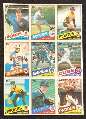 1985 Topps Major League Baseball (9) Trading Card VINTAGE MLB Uncut Panel Sheet - Image 1 of 2