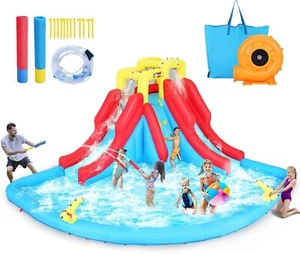 Kids Inflatable Water Double Slides Bounce House Park Splash Pool w/520W Blower - Picture 1 of 10